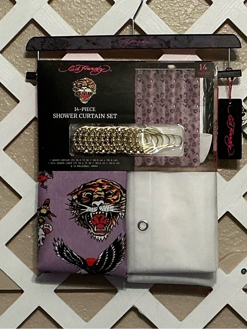 Ed Hardy Purple Tiger Motif Shower Curtain Set with Gold Hooks